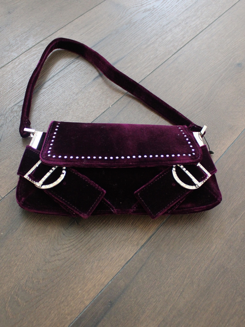 AKIRA Velvet Shoulder Bag in Deep Plum - Designer Style
